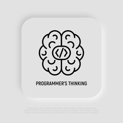 Programmer's thinking thin line icon, human brain with code symbols. Developer, professional solution for web development. Vector illustration.