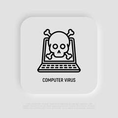 Computer virus thin line icon, open laptop with skull. Modern vector illustration.