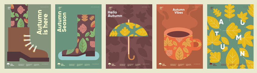 Fototapeta Autumn. A set of simple flat vector illustrations. Background patterns hello autumn, autumn sale, seasons. Perfect background for banner, poster, flyer, cover. obraz