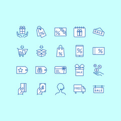 Discount flat line icons set. Included icons as sale, badge, coupon, cash back, shopping cart, delivery, gift and more. Simple flat vector illustration for web site or mobile app