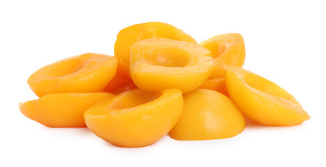 Fototapeta na wymiar Halves of canned peaches isolated on white