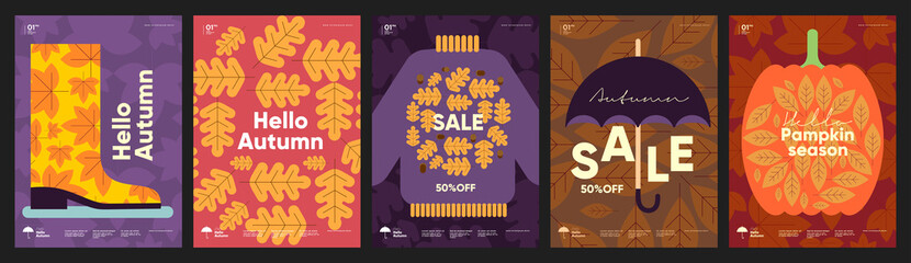 Autumn. A set of simple flat vector illustrations. Background patterns hello autumn, autumn sale, seasons. Perfect background for banner, poster, flyer, cover. © Molibdenis-Studio