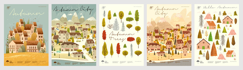 Autumn. City landscape. A set of simple flat vector illustrations. Background patterns hello autumn, autumn sale, seasons. Perfect background for banner, poster, flyer, cover. © Molibdenis-Studio