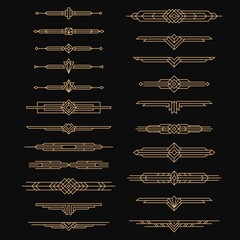 Art deco dividers. Vintage artful arts, 30s headers style. Ornaments, borders and frames design, golden ornate decor labels with lines tidy vector set