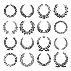 Laurel wreaths. Crest wreath, laurels leaves on branches. Winner icons, victory award logos. Greek branching circle medal tidy vector emblems