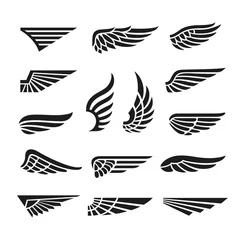 Fotobehang Eagle wings. Army minimal logo, wing graphics icons. Abstract retro black falcon bird badges, isolated flight emblem tidy vector collection © LadadikArt