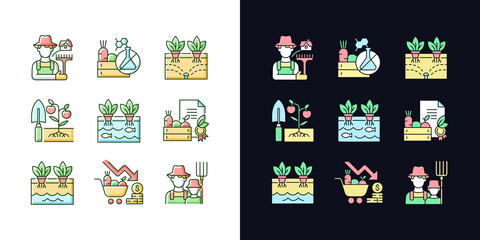 Farming light and dark theme RGB color icons set. Agricultural business. Rural area. Crop quality control. Isolated vector illustrations on white and black space. Simple filled line drawings pack