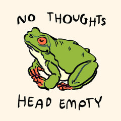 Organic hand drawn calm meditating green tree frog with red eyes, No Thoughts Head Empty quote
