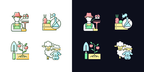 Work on farm light and dark theme RGB color icons set. Chemical free goods production. Food quality control. Isolated vector illustrations on white and black space. Simple filled line drawings pack