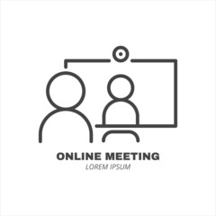 Fototapeta premium Computer with two people conferencing, online meeting line icon isolated. Video conference concept. Distance work and learning. Vector element. Laptop, computer, chatting, conferencing