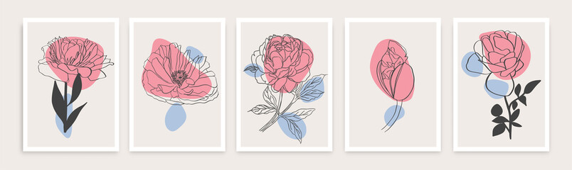 Collection of drawings of flowers with linear art on a white background. Vector hand illustration.