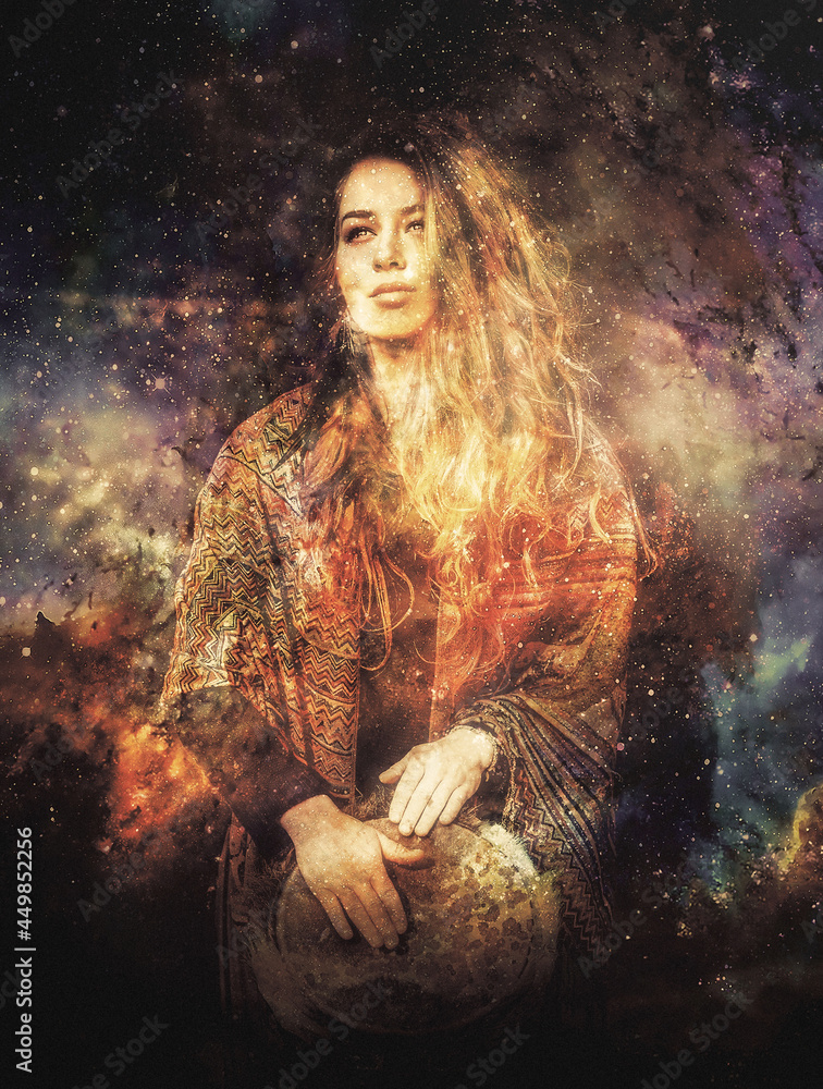 Poster shamanic girl with drum on abstract structured space background.
