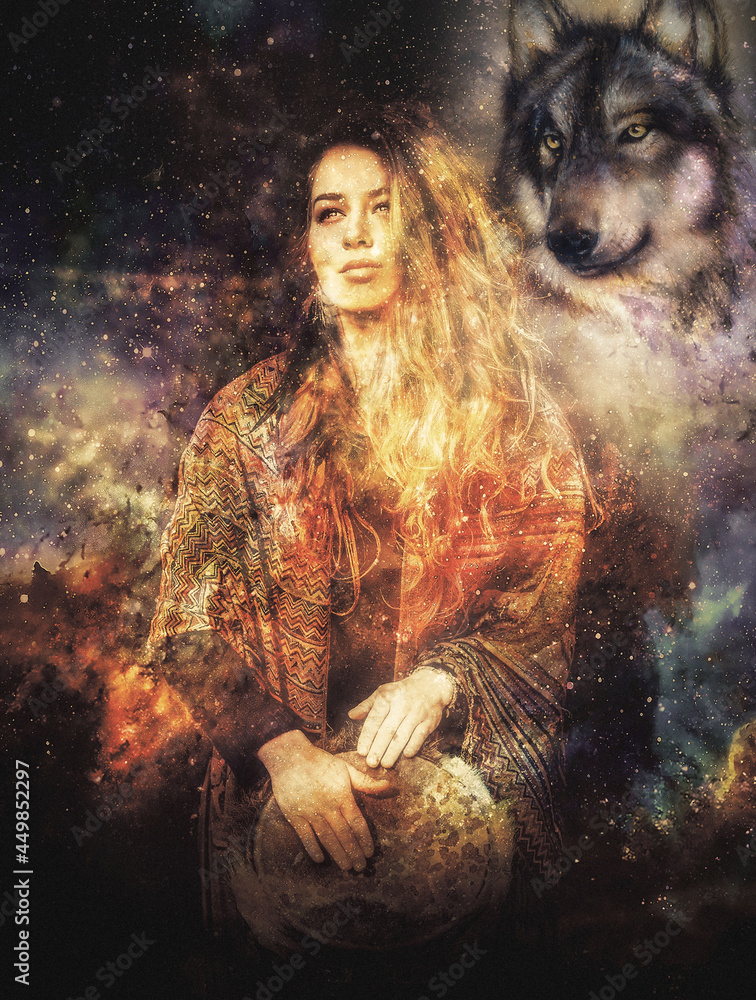 Poster shamanic girl with drum on abstract structured space background.