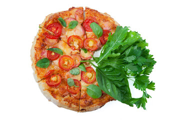 Healthy food balance concept, pizza with tomatoes and cheese and part of green vegetables