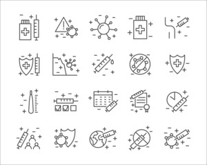 Vaccination and immunization line icon set. Collection of editable stroke symbols. Vaccines against virus, vaccination sheldule, anti vaccine, shield virus. Flu, hepatitis, measles covid prevention