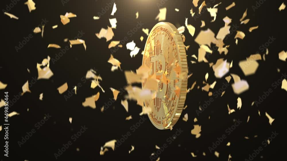 Poster golden bitcoins exploding animation disintegration effect on black background. 3d animation. selecti