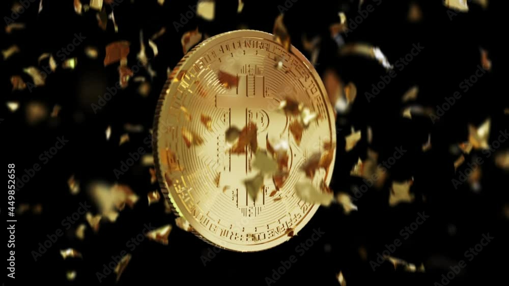 Poster golden bitcoins exploding animation disintegration effect glare on black background. 3d animation. s