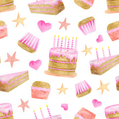 Watercolor Birthday cake seamless pattern. Hand painted biscuit cake with pink glaze, birthday candles, hearts and stars isolated on white. Girls birthday party background. Cute dessert ilustration