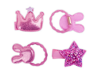 Pin set beauty trendy accessories hair pearl clip on white background. Top view. Copy space fot text.