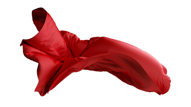 3d render, abstract red cloth falls down. Silk drapery flies away. Fashion clip art isolated on white background