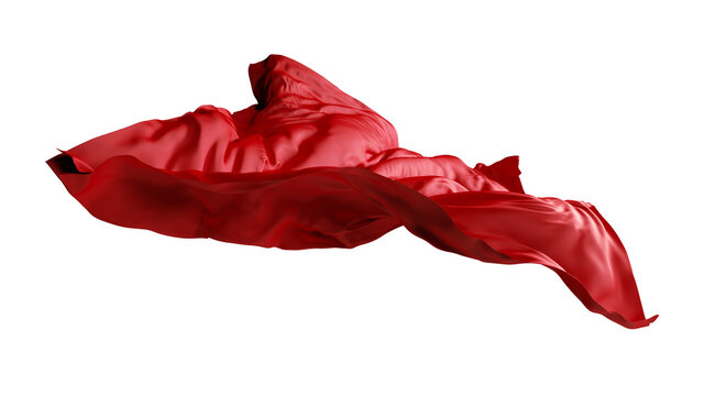 3d render, abstract red fabric falling. Fashion clip art isolated on white background. Silk scarf flies away