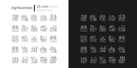 Agriculture related linear icons set for dark and light mode. Growing vegetables and fruits. Farm technology. Customizable thin line symbols. Isolated vector outline illustrations. Editable stroke - obrazy, fototapety, plakaty