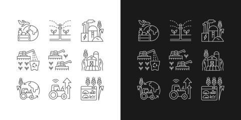 Agricultural business linear icons set for dark and light mode. Farm modernization and innovation. Customizable thin line symbols. Isolated vector outline illustrations. Editable stroke