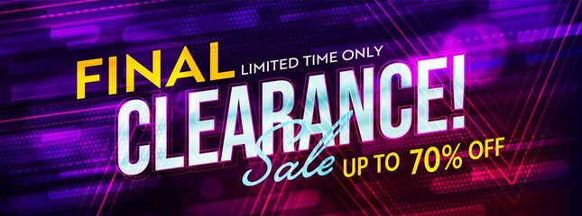 Final limited time only clearance sale website header design. Webpage promotion template with up to 70 percent price off wholesale offer on trendy neon dynamic background. Vector illustration - obrazy, fototapety, plakaty