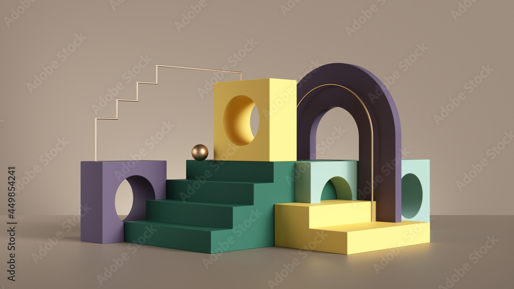 Poster 3d render, abstract colorful background with geometric shapes. playground with steps, blocks and arc