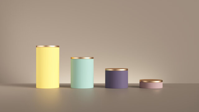 3d render, abstract minimal background with row of colorful cylinders, decreasing graph. Isolated cylinder pedestals, primitive shapes