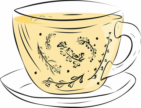 recommend clip art: A cup of herbal tea. Health drinks. A glass cup with a saucer. Outline vector illustration. Isolated sketch on a white background
