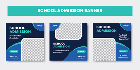 Set of Editable school education admission cover layout and web banner template. Blue and white background color with geometric shapes for social media post and web internet ads. Vector illustration