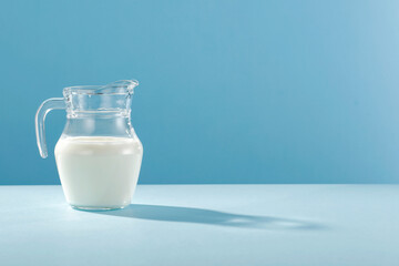 Fresh milk on the morning table in a blue environment 