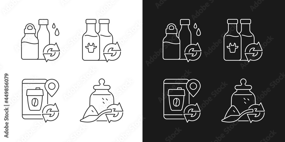 Sticker Refillable options linear icons set for dark and light mode. Water bottle. Milk drink. Eco friendly package. Customizable thin line symbols. Isolated vector outline illustrations. Editable stroke