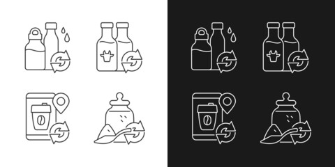Refillable options linear icons set for dark and light mode. Water bottle. Milk drink. Eco friendly package. Customizable thin line symbols. Isolated vector outline illustrations. Editable stroke