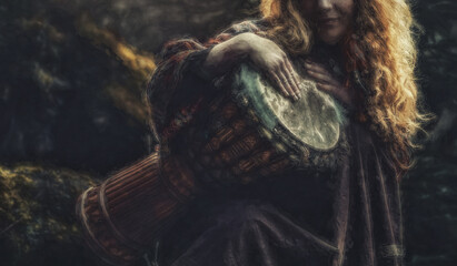 beautiful shamanic girl playing on drum in the nature.. Painting effect.