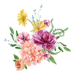 Watercolor bright floral bouquet with blush rose, pink anemone. Greenery branches and leaves composition. Wildflower botanical illustration for greeting cards, wedding invintation, baby shower