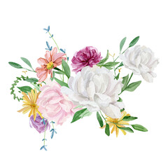 Watercolor bright floral bouquet with purple rose, pink peony. White flower, chrysanthemumб yellow chamomile. Botanical illustration for greeting cards, wedding invintation, baby shower, bridal shower
