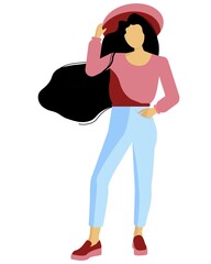 Vector illustration of a stylish girl in a hat. Full-length brunette dressed in trendy colors. 