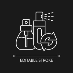 Perfume refill white linear icon for dark theme. Eco friendly package. Refillable sprayer. Thin line customizable illustration. Isolated vector contour symbol for night mode. Editable stroke