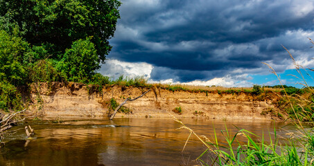 a dead tree in the river against the backdrop of a cliff flowing into the river © Frąckowiak