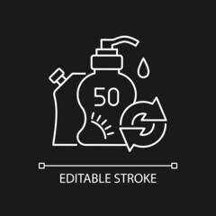 Sunscreen refill white linear icon for dark theme. Natural cosmetic. Eco friendly package. Thin line customizable illustration. Isolated vector contour symbol for night mode. Editable stroke