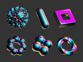 3d render, assorted iridescent geometric shapes, abstract objects. Collection of colorful metallic...