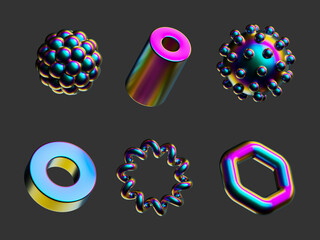 3d render, assorted abstract geometric shapes and objects. Collection of iridescent metallic design elements. Clip art isolated on dark background