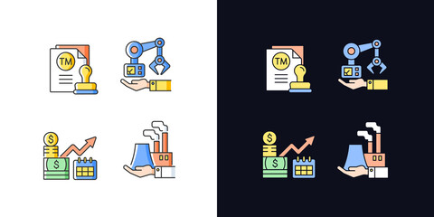 Long term business investments light and dark theme RGB color icons set. Machinery owning and plants ownership. Isolated vector illustrations on white and black space. Simple filled line drawings pack