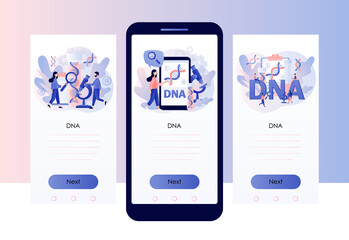 Genetic DNA Science. Tiny scientists investigating and testing DNA in laboratory. Big gene helix sign. Lab equipment. Screen template for mobile, smartphone app. Modern flat cartoon style. Vector 