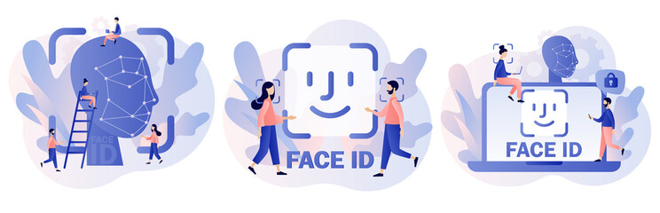 Face recognition using a laser ID. Tiny people scans face use smartphone or laptop. Data security. Biometric identification system. Modern flat cartoon style. Vector illustration on white background