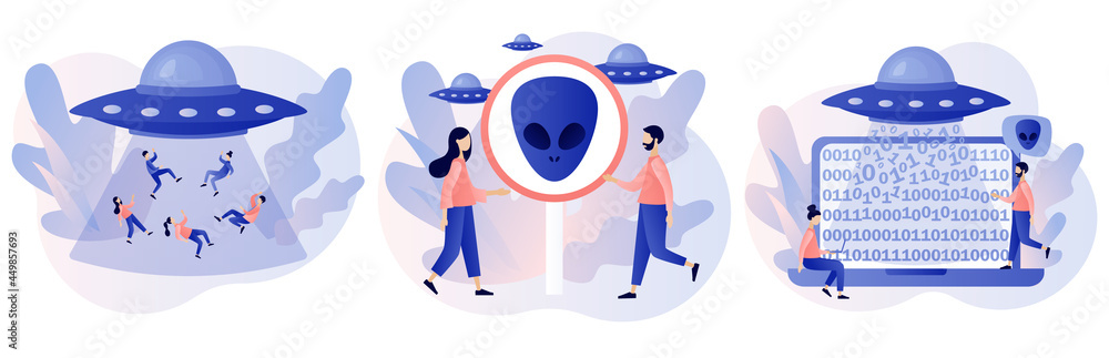Poster ufo spaceship. space concept. alien sign. ufo ray of light abducts humans and data computer. futuris
