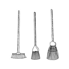 A set of three long brooms for sweeping floors. A black-and-white sketch in the style of doodles, highlighted on a white background.