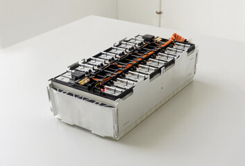 Stack image of Electric car lithium battery pack and wiring connections internal between cells on...